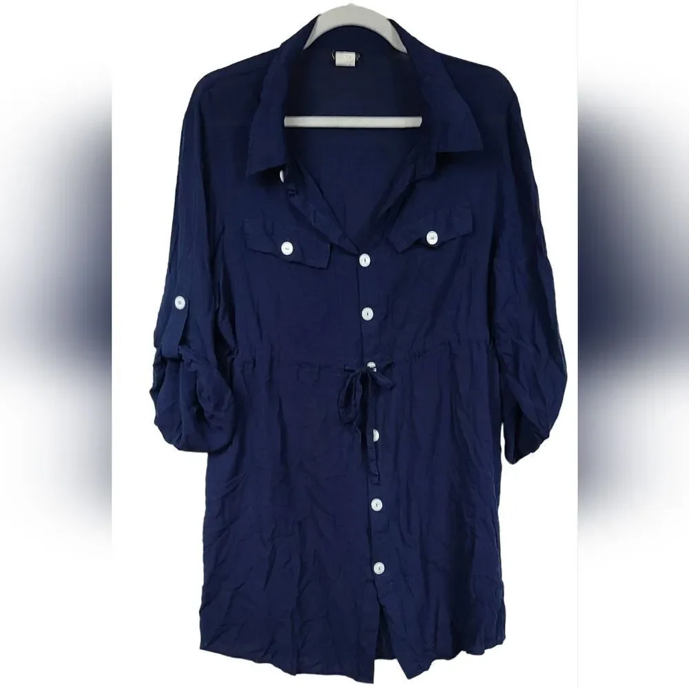 VENUS Navy Shirt Dress Beach Coverup Roll Tab Sleeve Nautical Mini XL Tunic - Picture 10 of 10